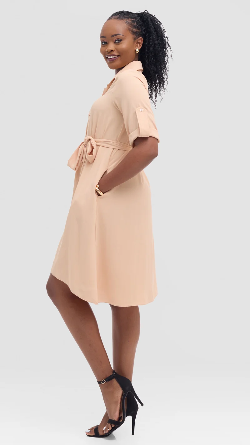 Vivo Ava 3/4 Sleeve Tent Shirt Dress in Crepe - Beige
