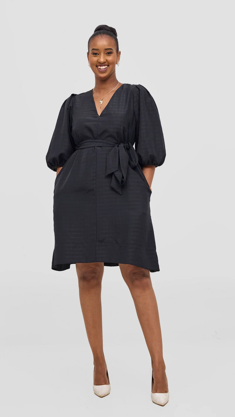 Vivo Alani High Low Dress - Black Stripes Print