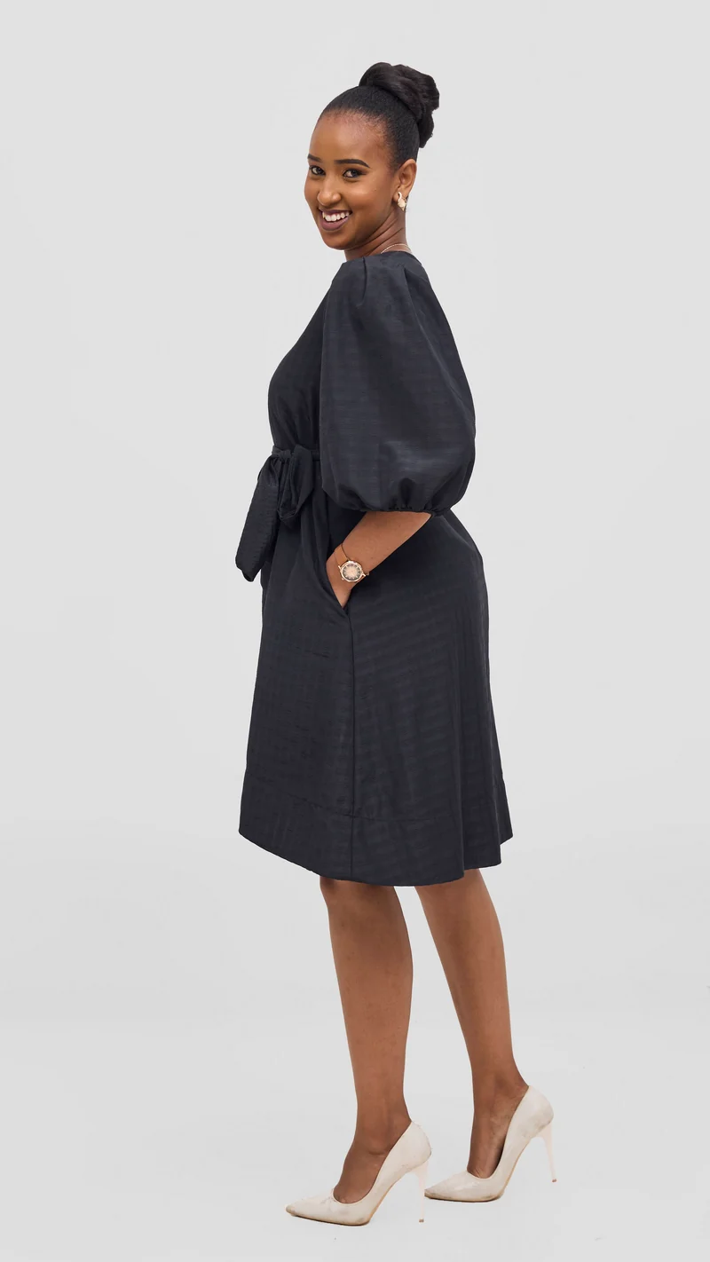 Vivo Alani High Low Dress - Black Stripes Print