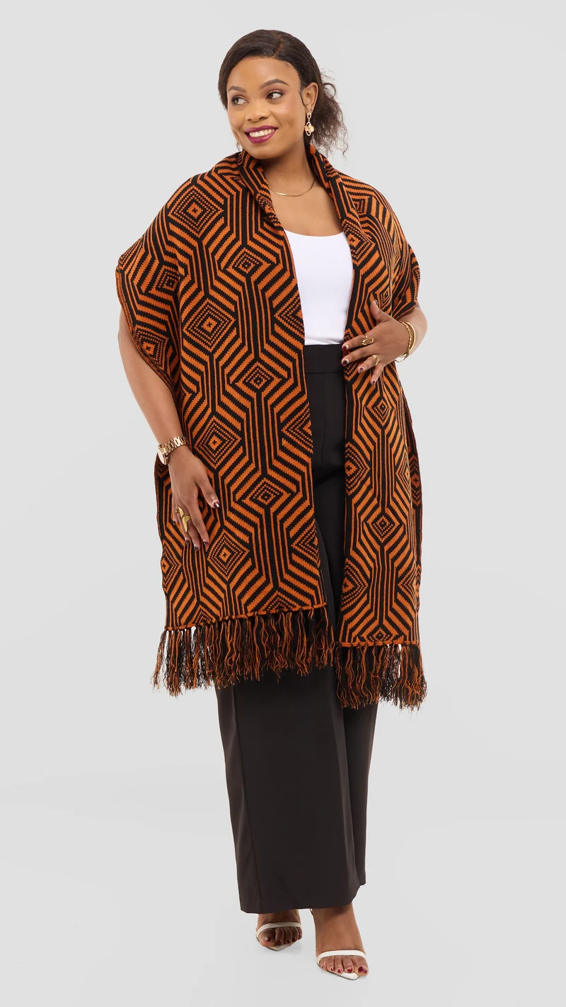 Vivo 2 Tone Geometric Wrap Shawl - Black / Orange Print
