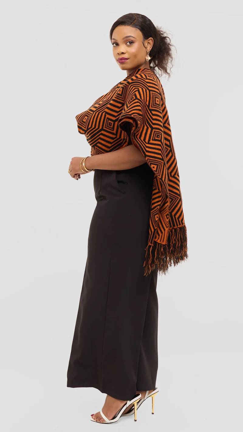 Vivo 2 Tone Geometric Wrap Shawl - Black / Orange Print