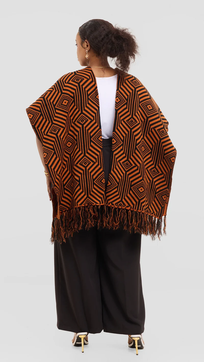 Vivo 2 Tone Geometric Wrap Shawl - Black / Orange Print