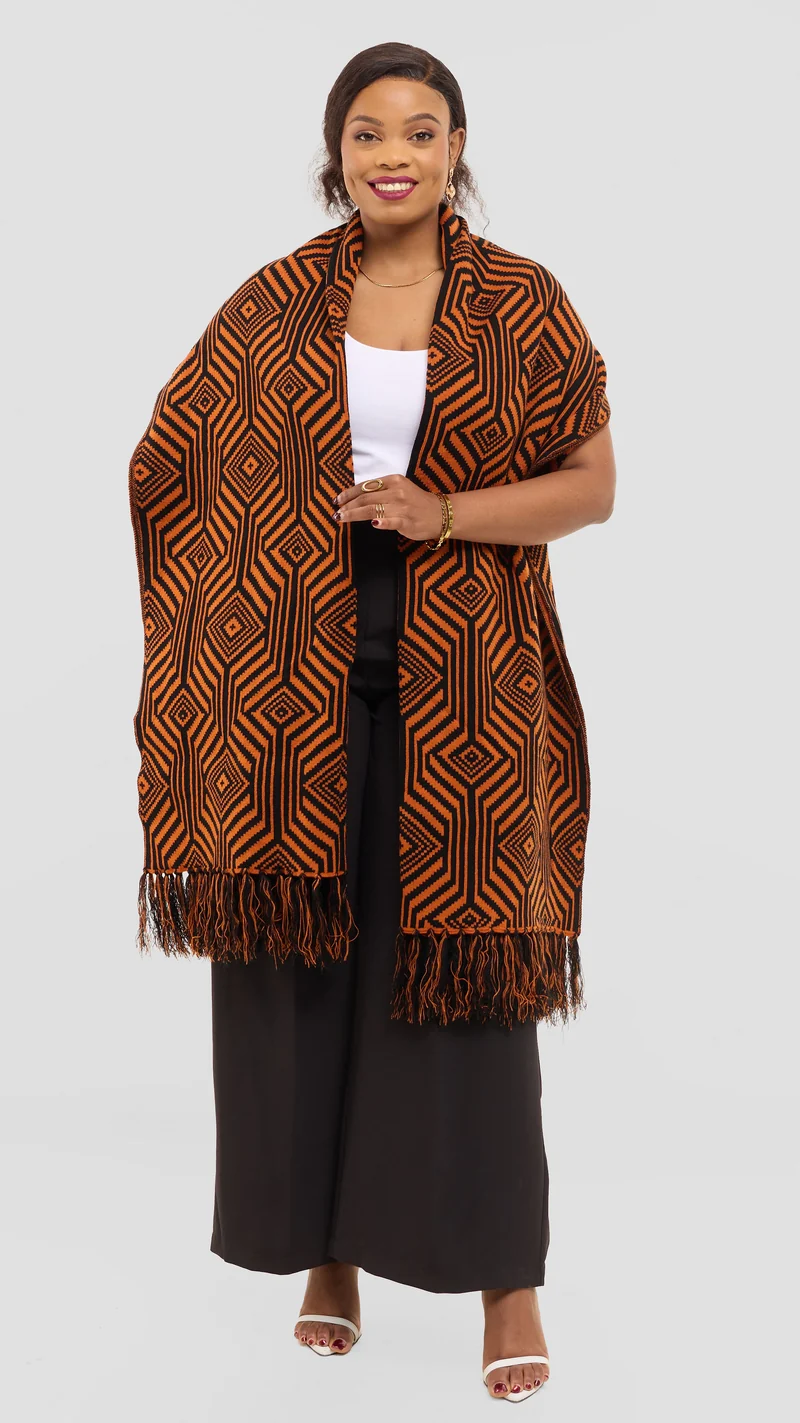 Vivo 2 Tone Geometric Wrap Shawl - Black / Orange Print