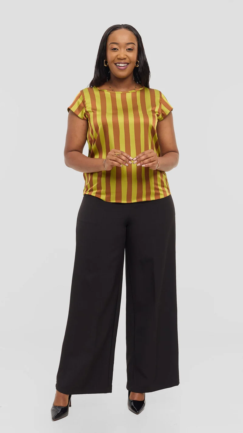 Vivo Basic Cap Sleeve Top in Satin - Olive / Rust Mani Print