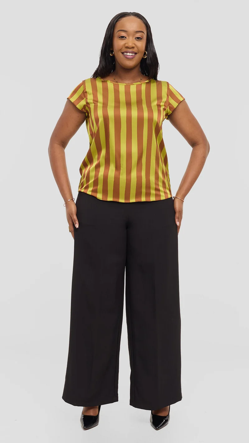 Vivo Basic Cap Sleeve Top in Satin - Olive / Rust Mani Print