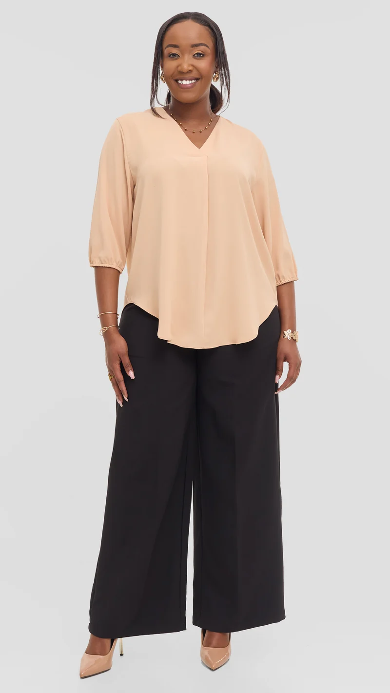 Vivo Dua 3/4 Sleeved V Neck Shirt in Crepe - Beige