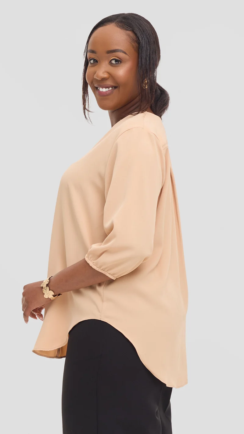Vivo Dua 3/4 Sleeved V Neck Shirt in Crepe - Beige