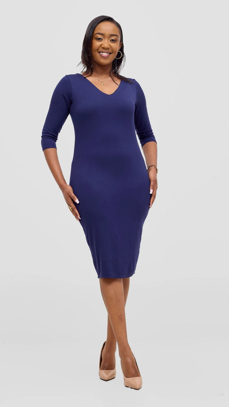 Vivo Basic 3/4 Sleeve Double Layered Bodycon Dress - Navy Blue