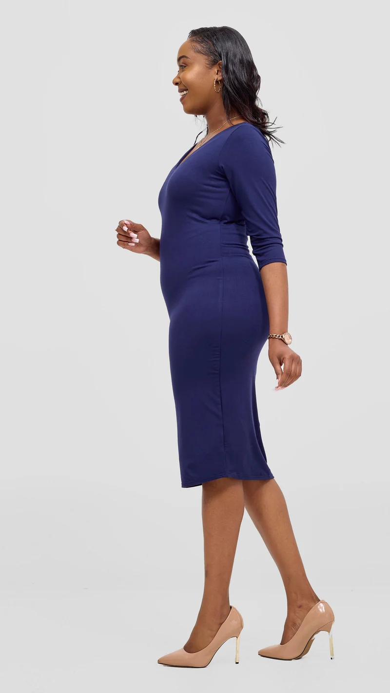 Vivo Basic 3/4 Sleeve Double Layered Bodycon Dress - Navy Blue