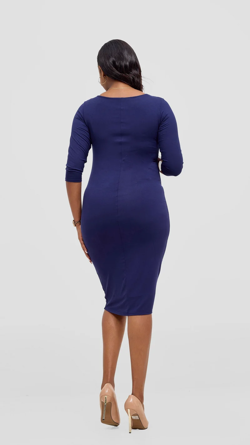 Vivo Basic 3/4 Sleeve Double Layered Bodycon Dress - Navy Blue
