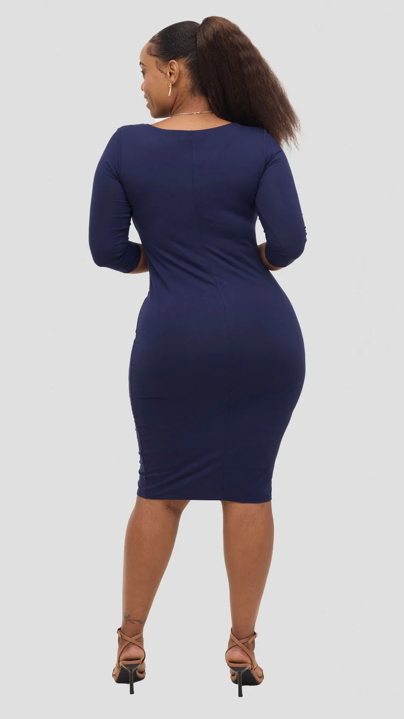 Vivo Basic 3/4 Sleeve Double Layered Bodycon Dress - Navy Blue