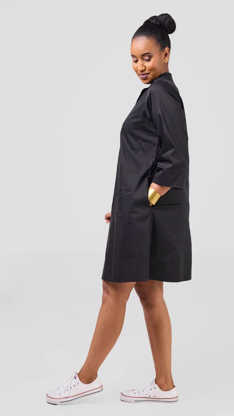 Safari Mansi Wide Hem Tent Dress in Cotton - Black