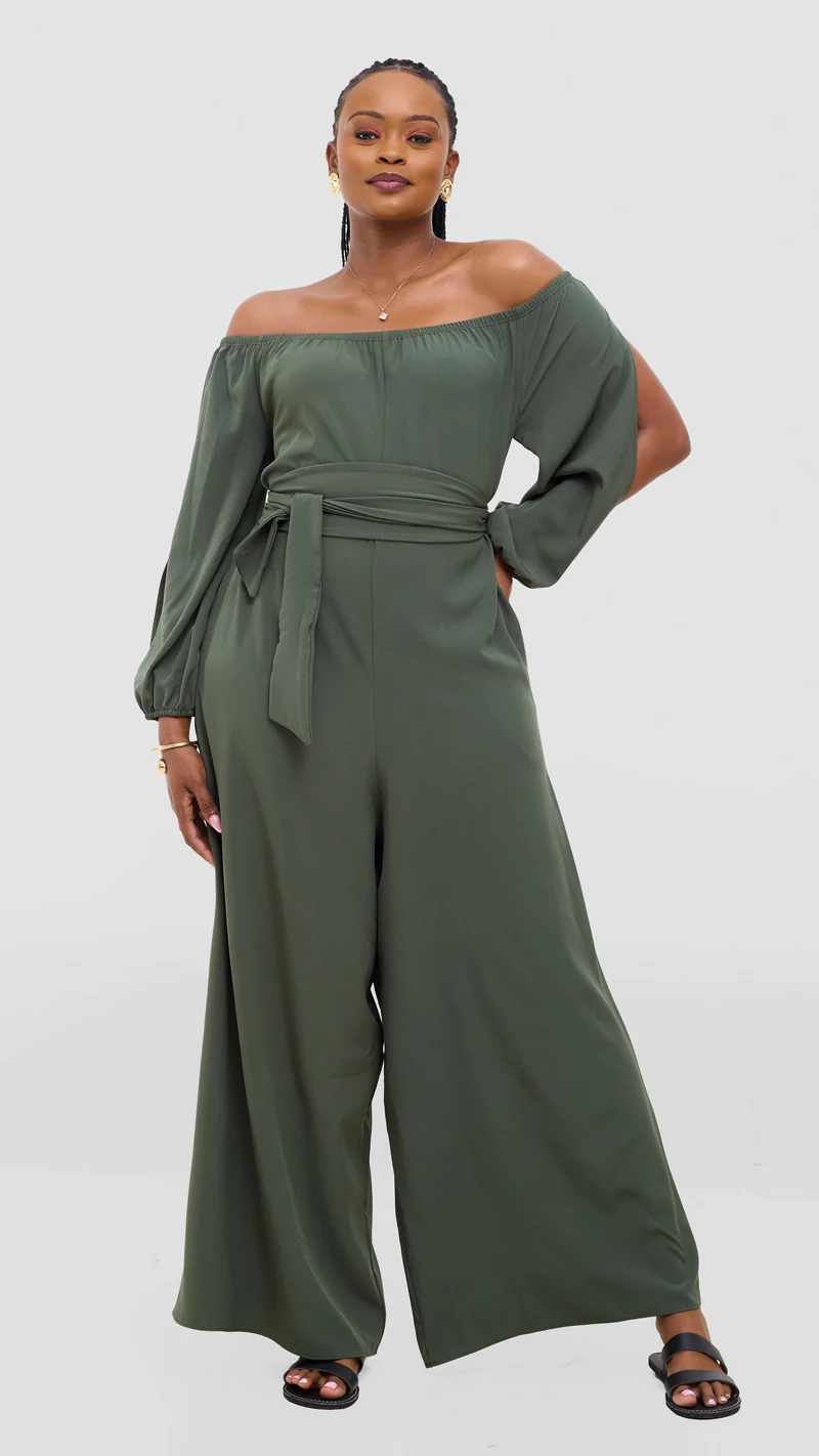 Vivo Yumi Off Shoulder Jumpsuit In Crepe - Dark Green