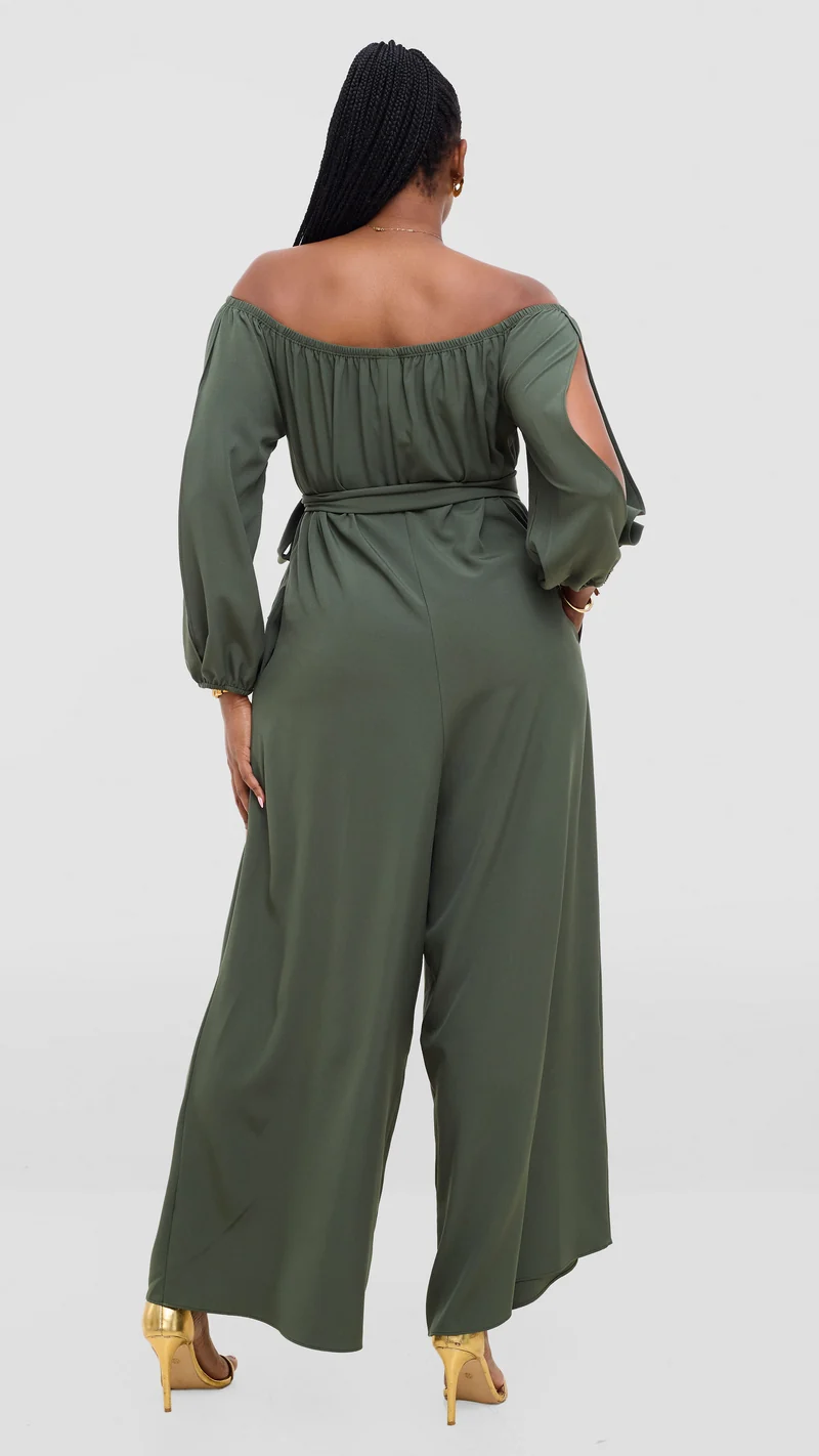 Vivo Yumi Off Shoulder Jumpsuit In Crepe - Dark Green