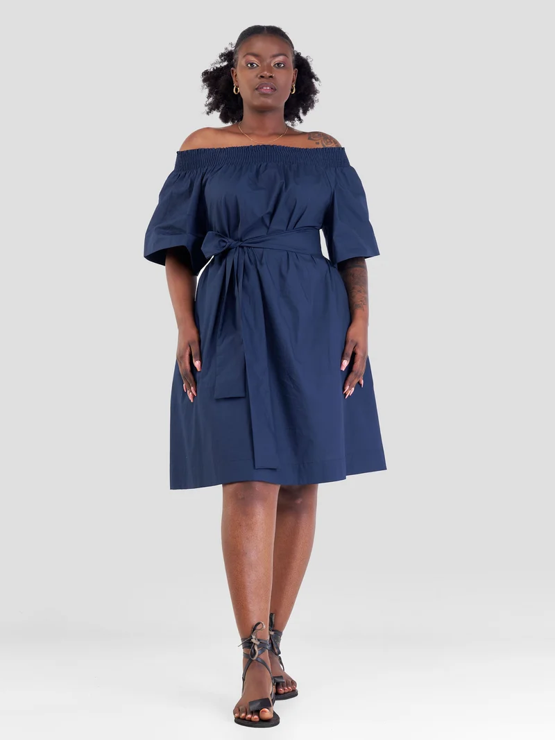 Safari Zene Off Shoulder Dress - Navy Blue