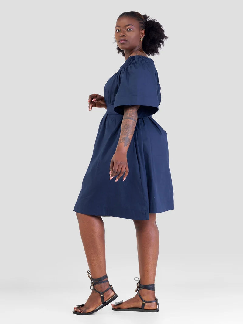 Safari Zene Off Shoulder Dress - Navy Blue