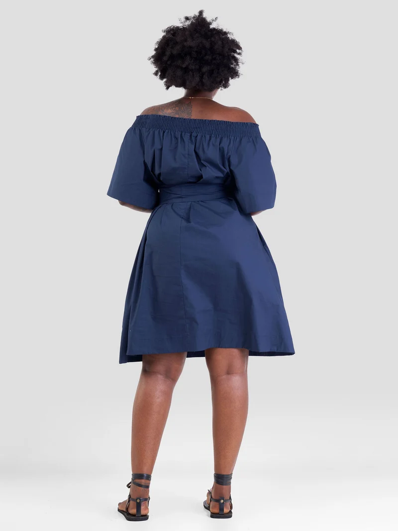 Safari Zene Off Shoulder Dress - Navy Blue