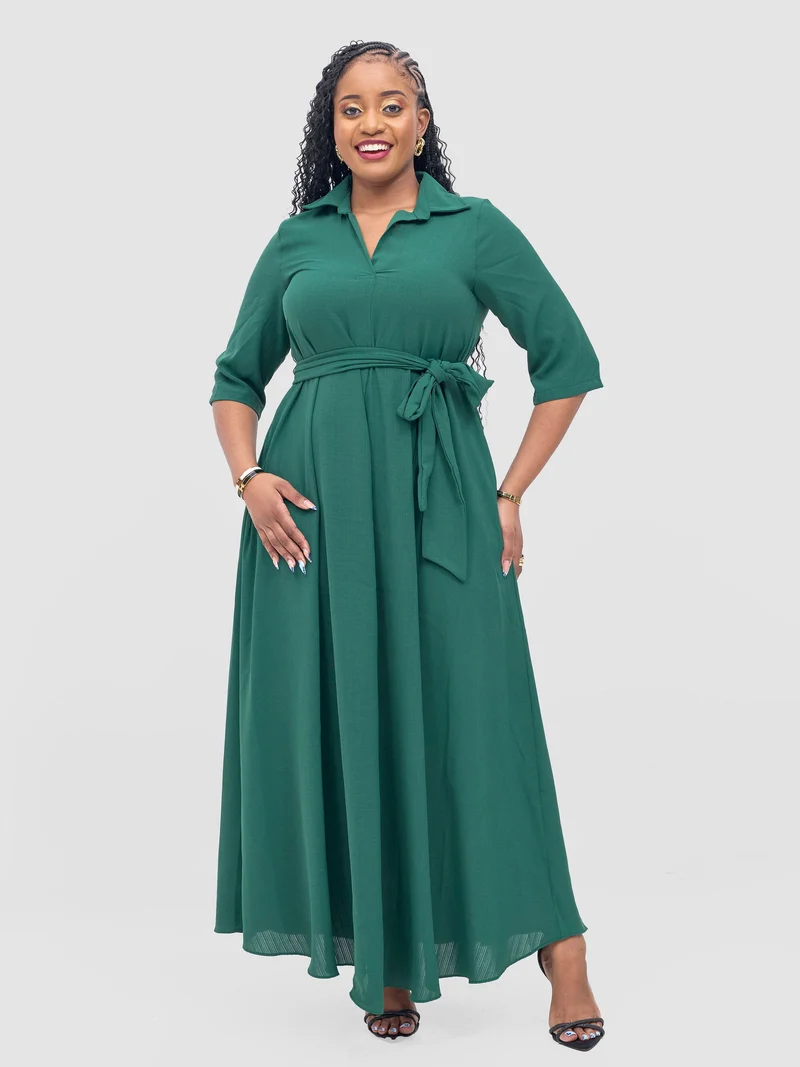 Vivo Yumi Maxi Shirt Dress in Crepe - Dark Green