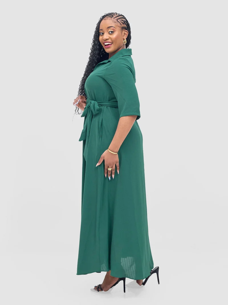 Vivo Yumi Maxi Shirt Dress in Crepe - Dark Green