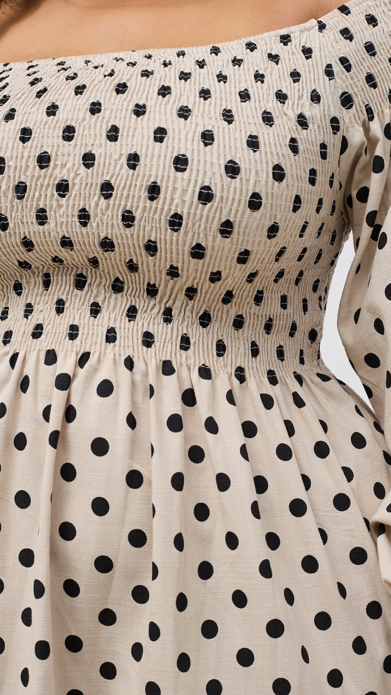 Safari Nazari Off Shoulder Dress - Beige / Black Polka Print
