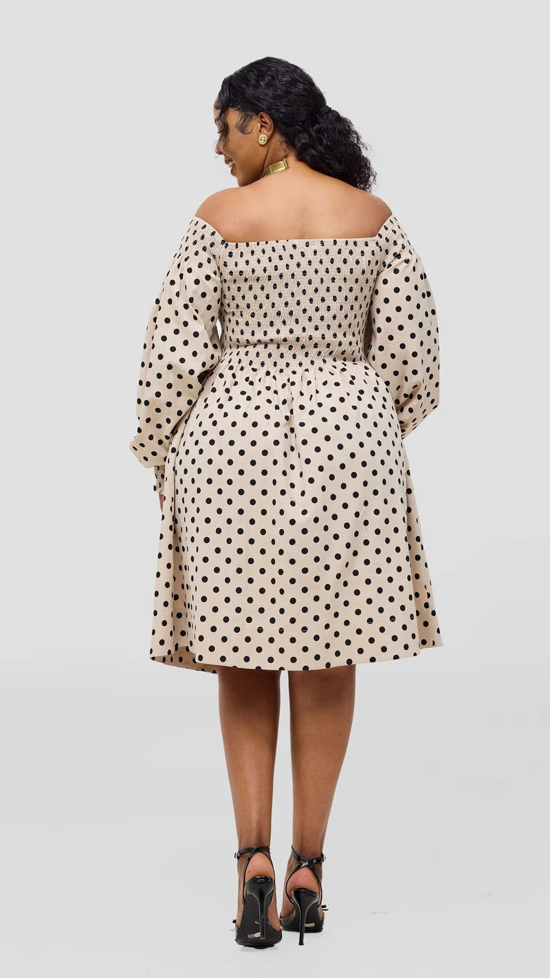 Safari Nazari Off Shoulder Dress - Beige / Black Polka Print