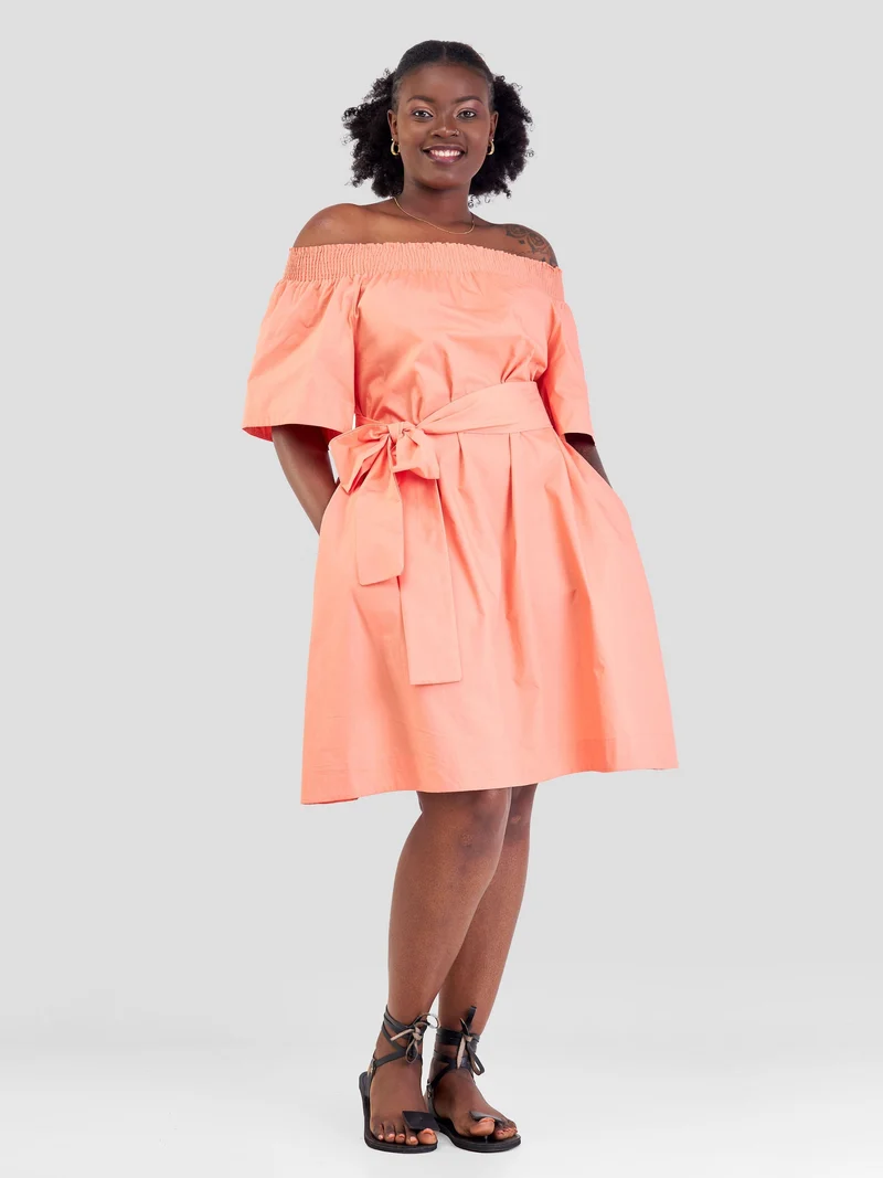 Safari Zene Off Shoulder Dress - Peach