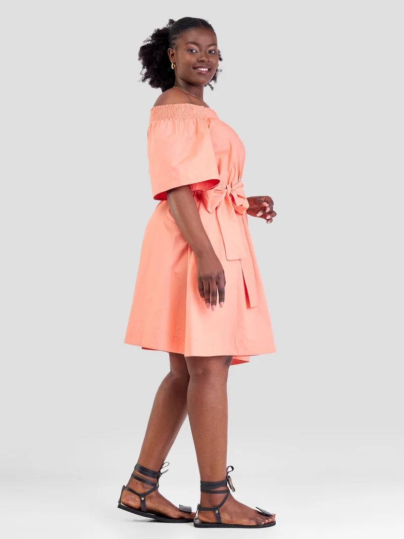 Safari Zene Off Shoulder Dress - Peach