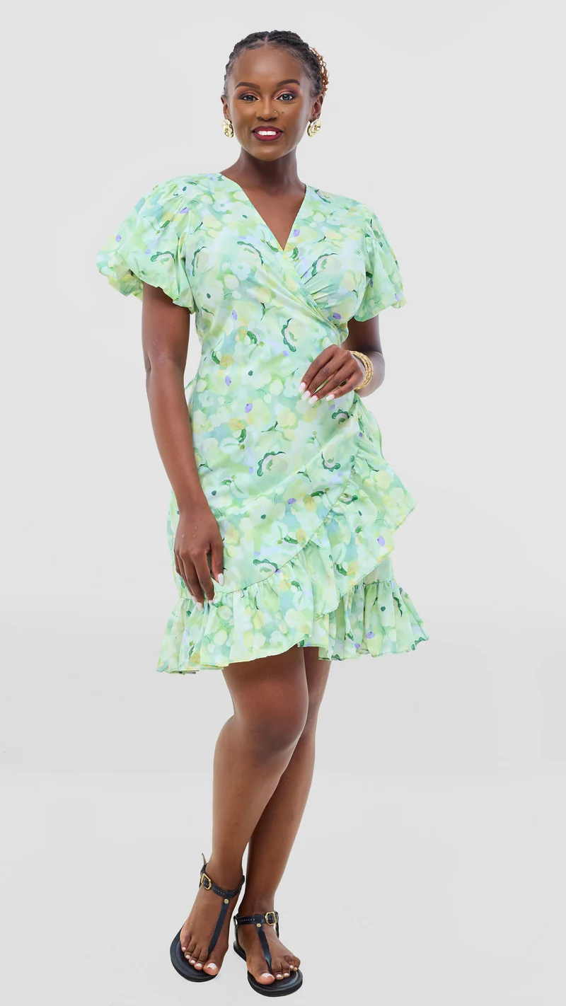 Safari by Vivo Cotton Wrap Dress - Mint / Dark Green Print