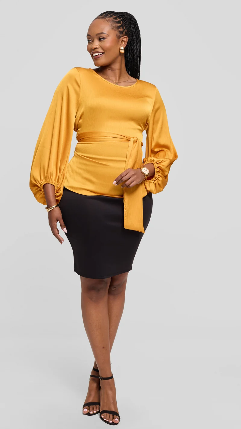 Vivo Izzy Bishop Sleeve Top in Textured Satin - Mustard