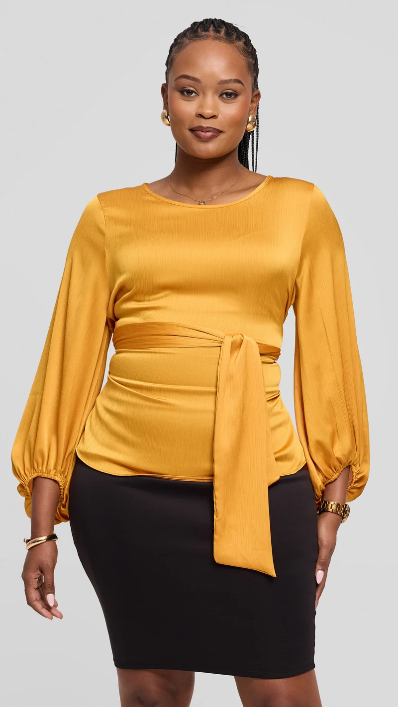 Vivo Izzy Bishop Sleeve Top in Textured Satin - Mustard