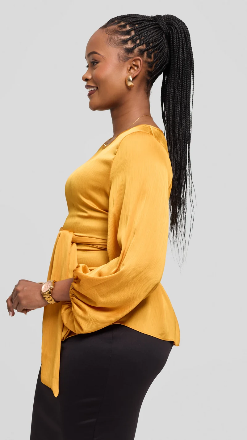 Vivo Izzy Bishop Sleeve Top in Textured Satin - Mustard