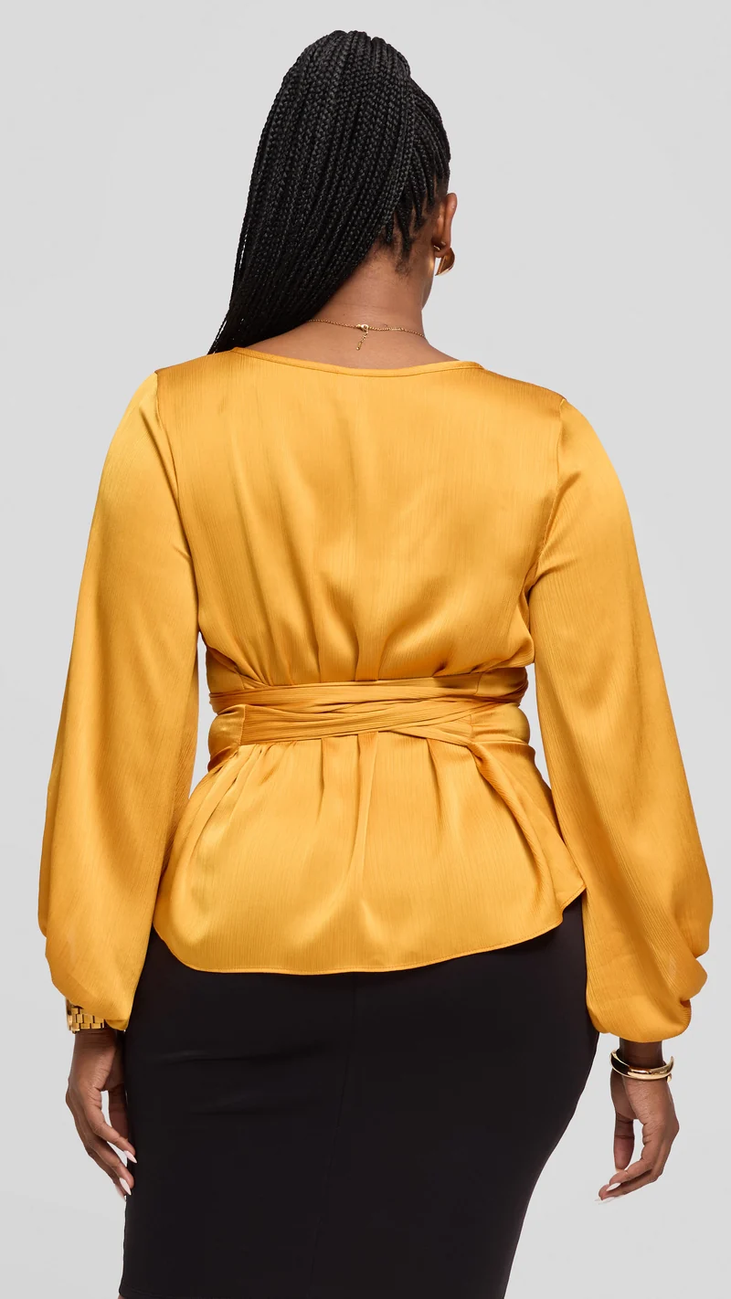 Vivo Izzy Bishop Sleeve Top in Textured Satin - Mustard