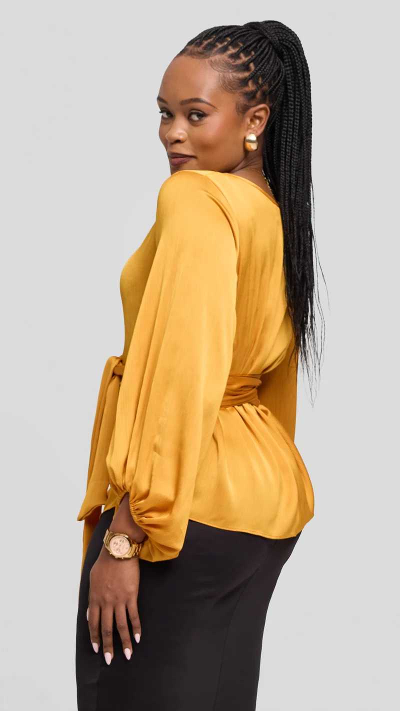 Vivo Izzy Bishop Sleeve Top in Textured Satin - Mustard