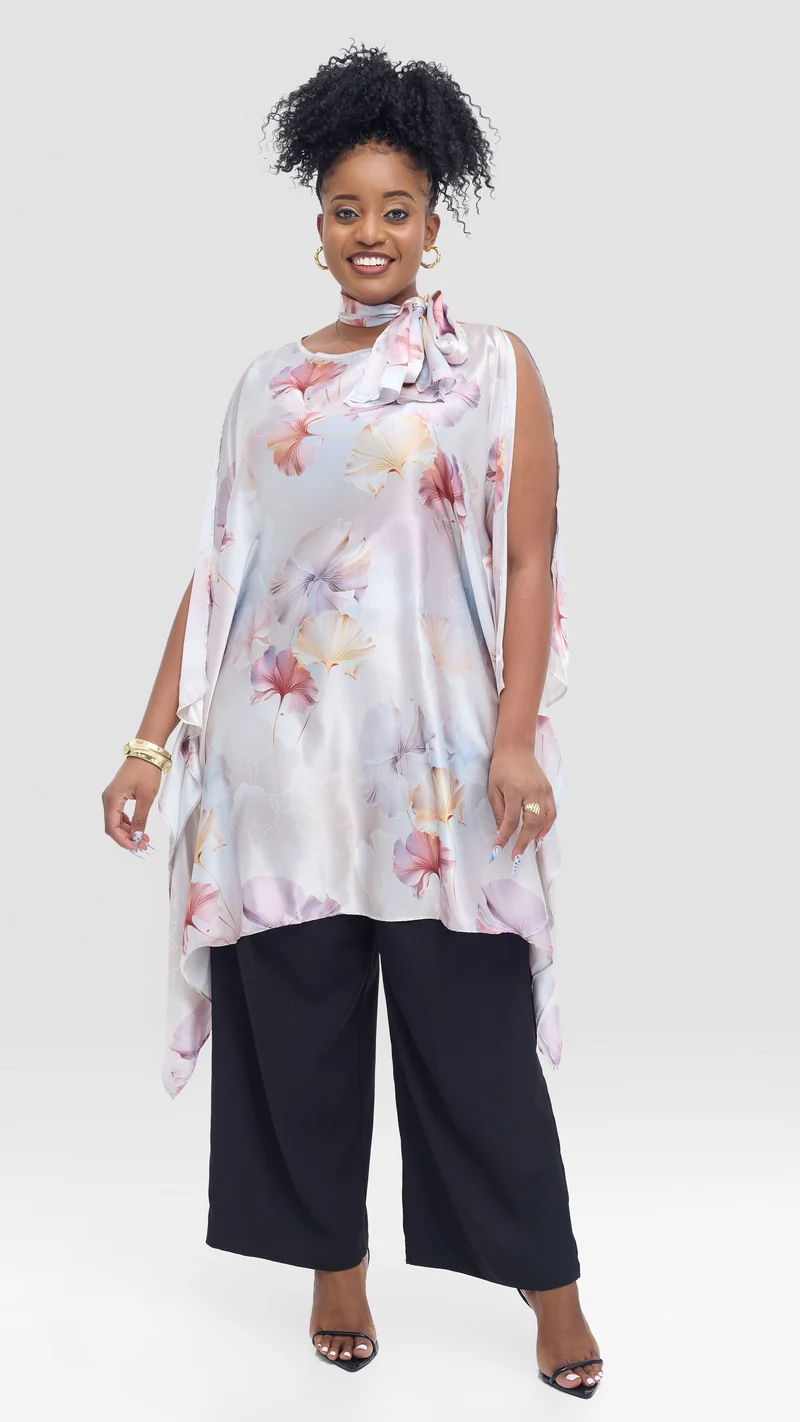 Vivo Knee Length Kaftan in Satin - Navy / Lilac Print