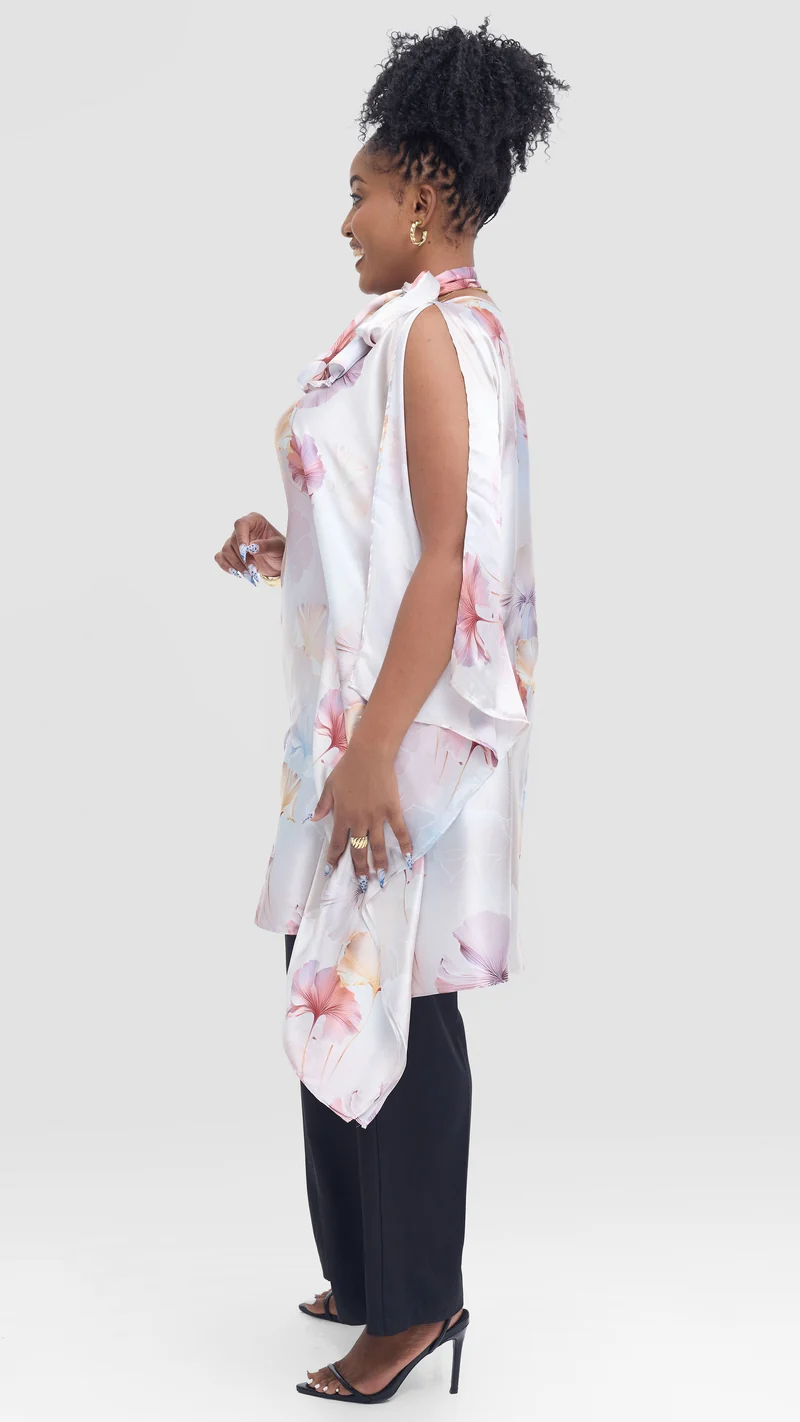 Vivo Knee Length Kaftan in Satin - Navy / Lilac Print