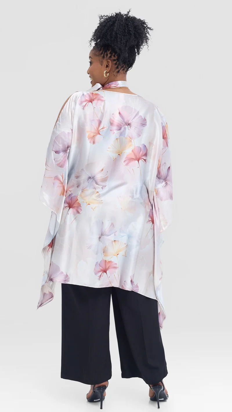 Vivo Knee Length Kaftan in Satin - Navy / Lilac Print