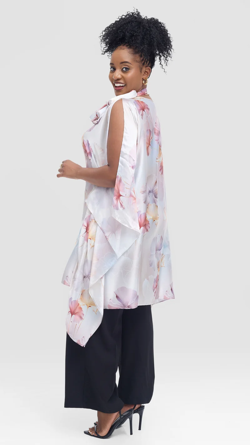 Vivo Knee Length Kaftan in Satin - Navy / Lilac Print