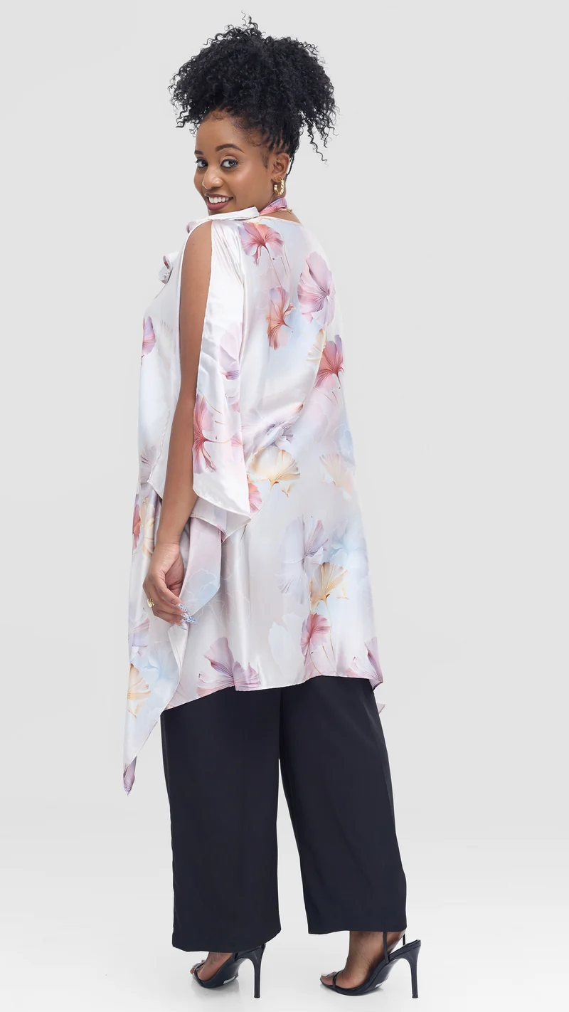 Vivo Knee Length Kaftan in Satin - Navy / Lilac Print