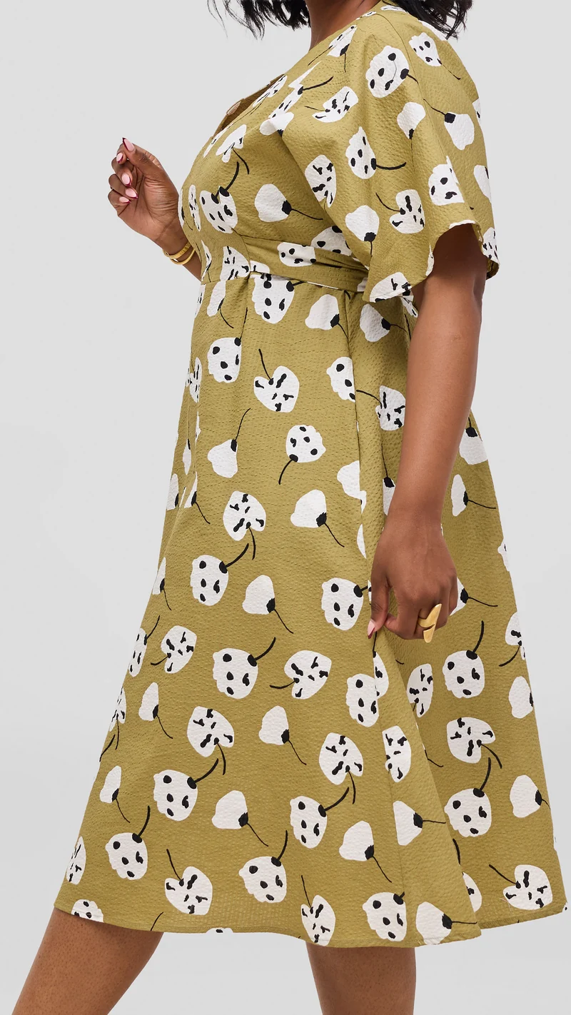 Safari by Vivo Zehra Tie Waist Kimono Dress - Olive Textured Print