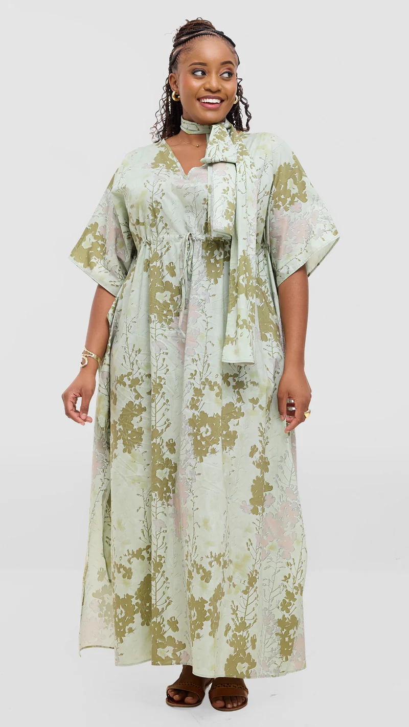 Safari by Vivo Cotton Wide Drawstring Kaftan - Mint / Olive Print