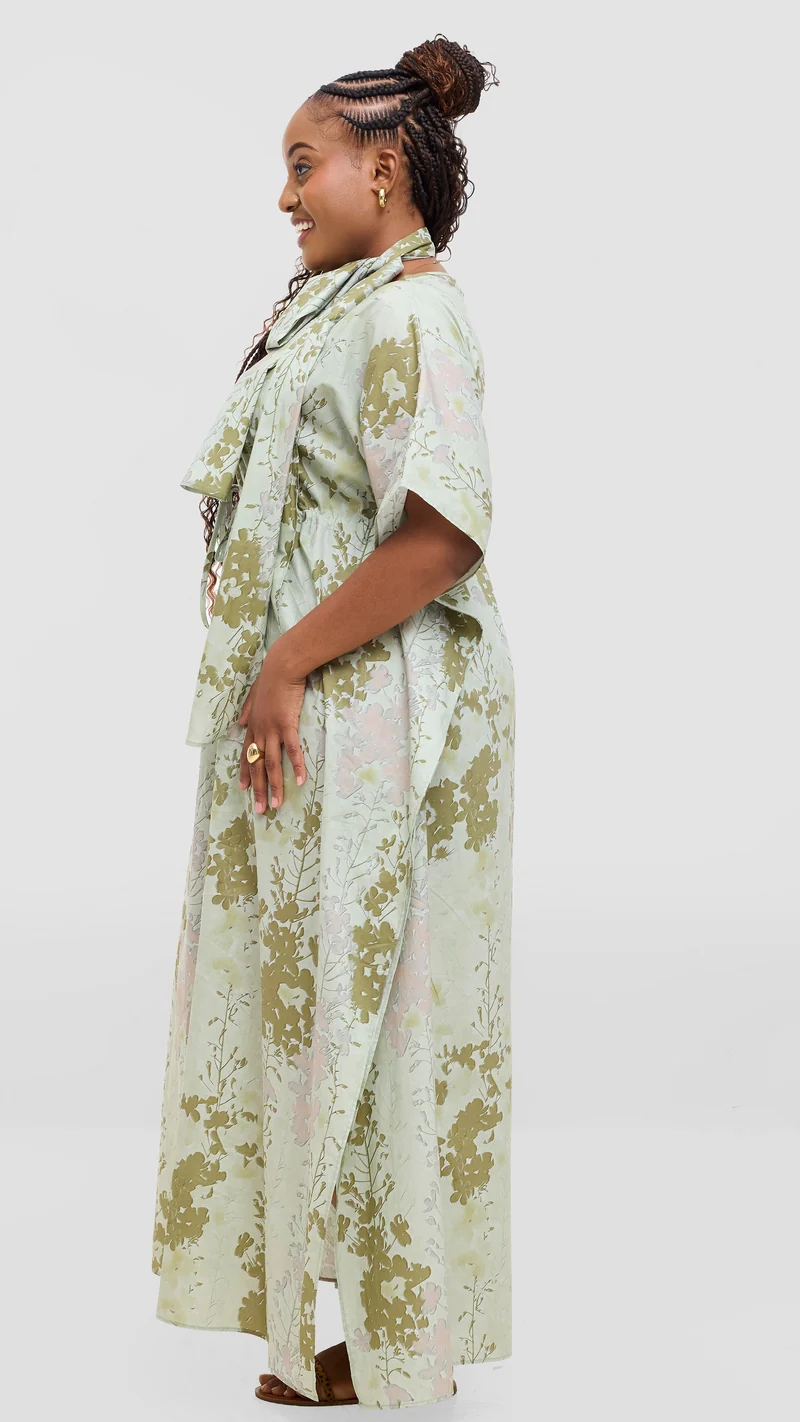 Safari by Vivo Cotton Wide Drawstring Kaftan - Mint / Olive Print