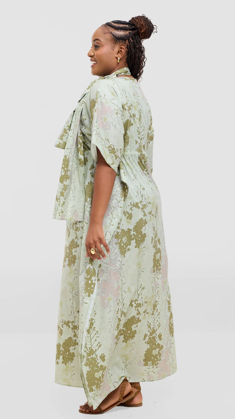 Safari by Vivo Cotton Wide Drawstring Kaftan - Mint / Olive Print