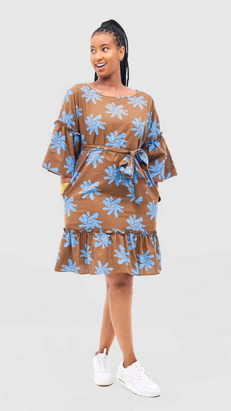 Safari by Vivo Naledi Flounce Tent Dress - Brown / Blue Nale Print