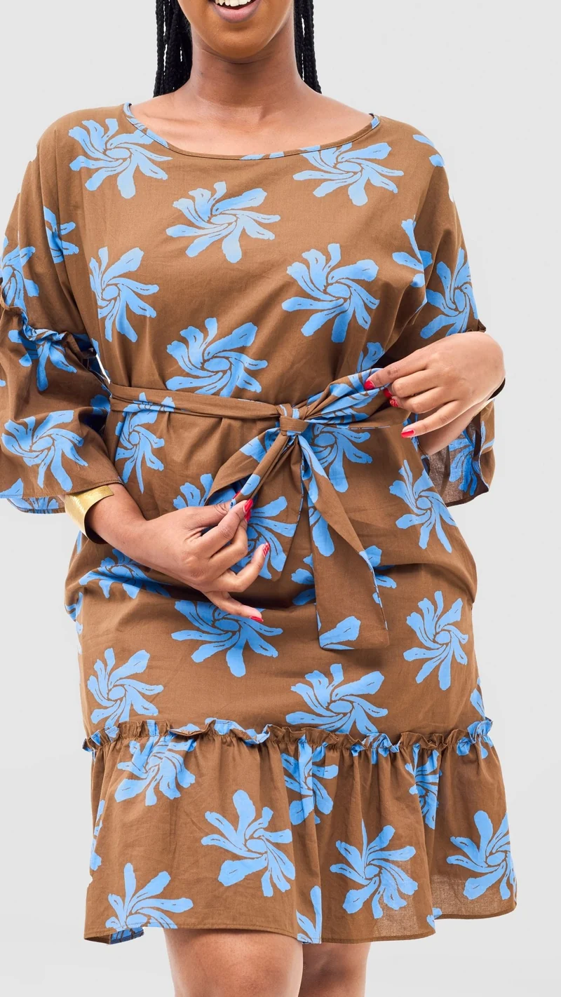 Safari by Vivo Naledi Flounce Tent Dress - Brown / Blue Nale Print