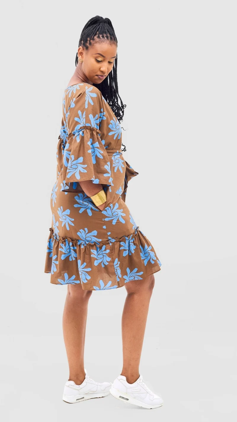 Safari by Vivo Naledi Flounce Tent Dress - Brown / Blue Nale Print