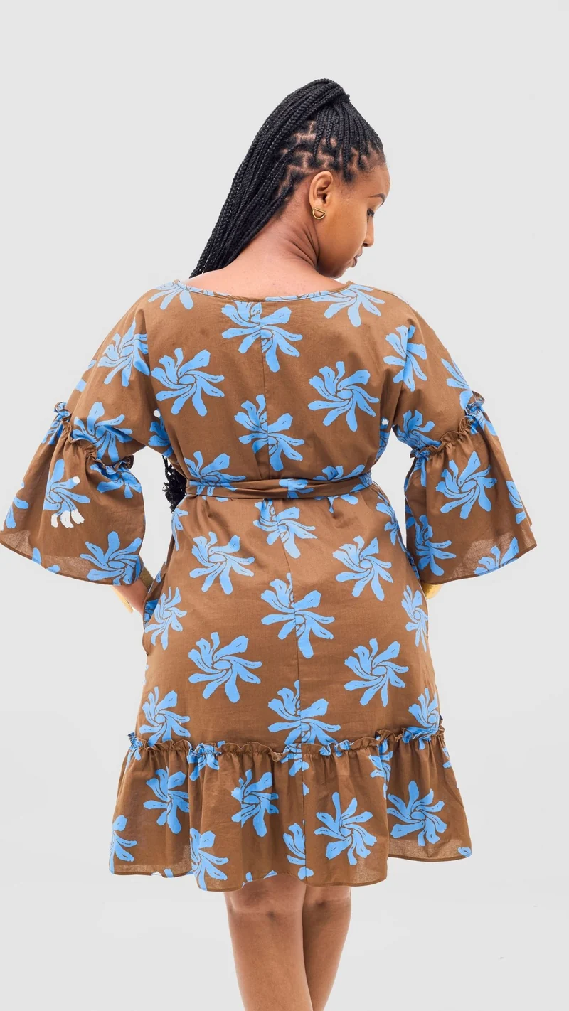 Safari by Vivo Naledi Flounce Tent Dress - Brown / Blue Nale Print