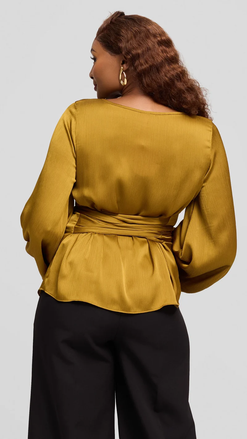 Vivo Izzy Bishop Sleeve Top in Textured Satin - Olive Green