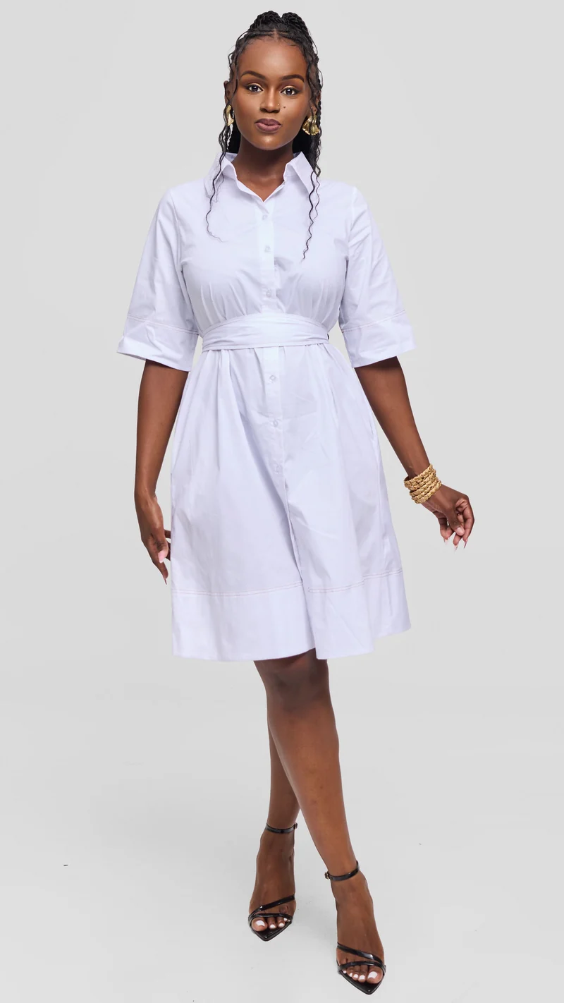 Vivo Lulu Contrast Stitch Tent Dress in Cotton - White (Taupe Contrast Stitch)