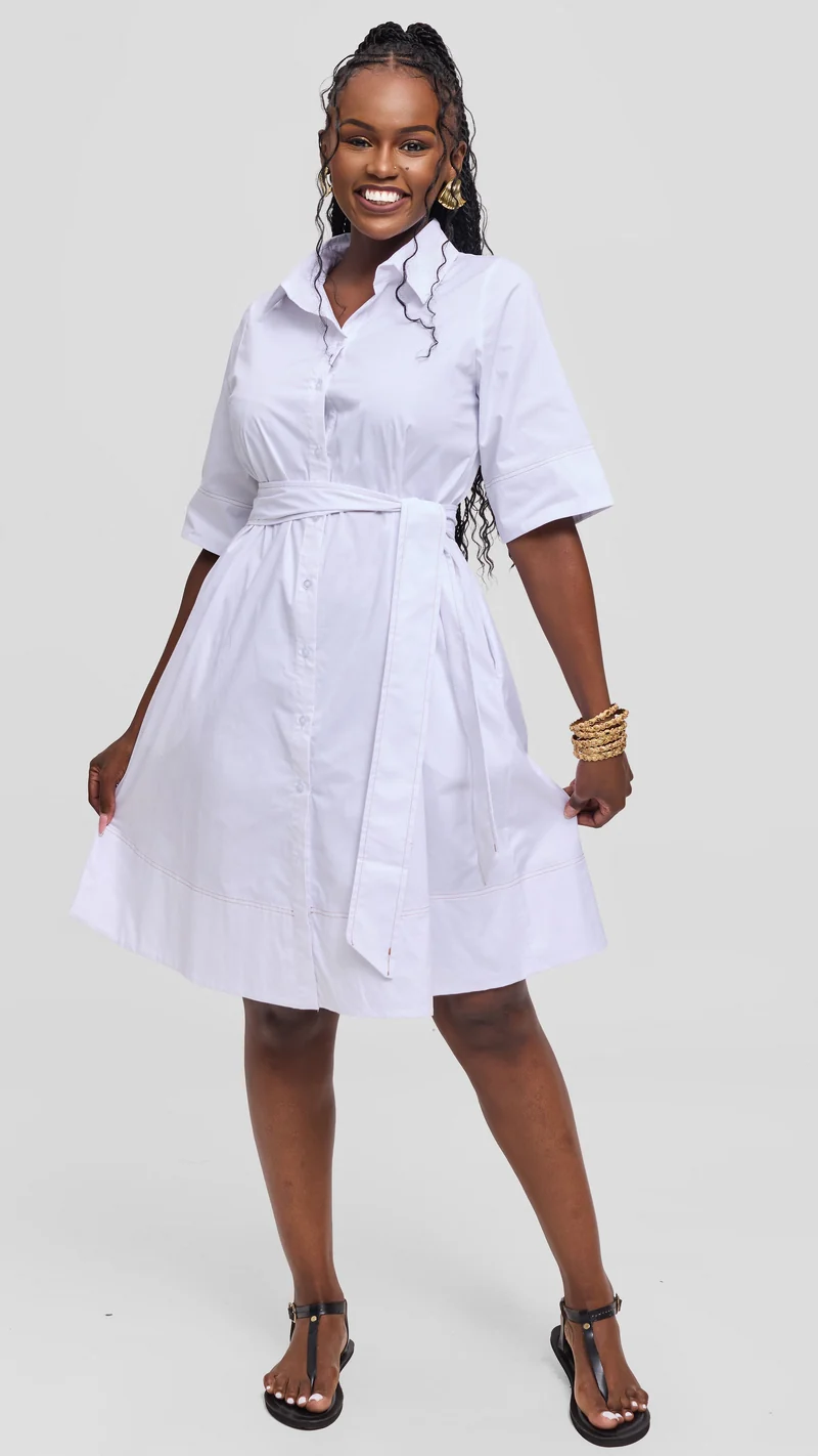 Vivo Lulu Contrast Stitch Tent Dress in Cotton - White (Taupe Contrast Stitch)