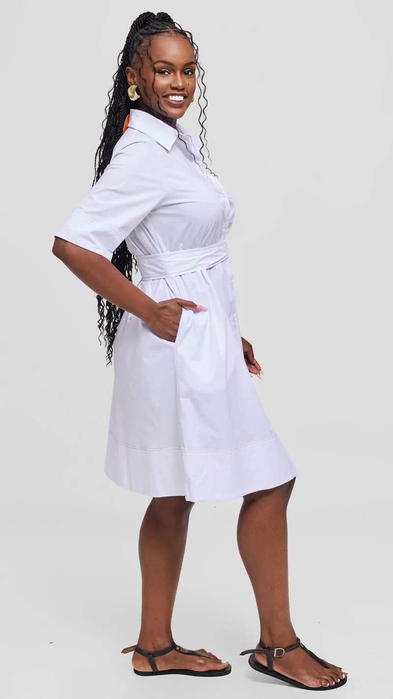 Vivo Lulu Contrast Stitch Tent Dress in Cotton - White (Taupe Contrast Stitch)